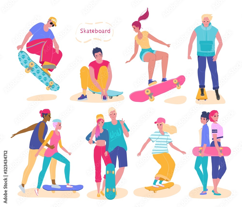 Teenagers riding skateboard, set of isolated cartoon characters, vector illustration. Young people extreme sport activity, guys and girls with skateboard in different poses. Teenagers active lifestyle