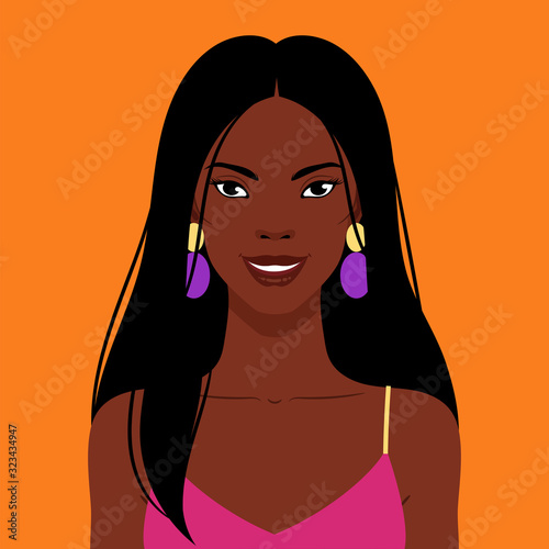 African American beautiful smiling woman with long straight hair, vector flat illustration.