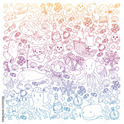 Pirates and mermaids. Diving icons. Vector pattern for little children. Birthday party in sea and ocean style