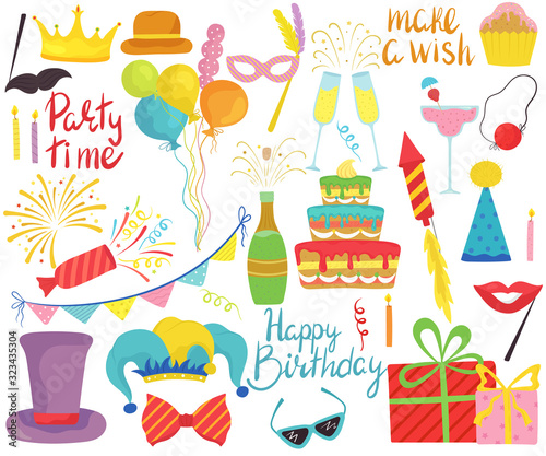 Birthday party accessories, set of isolated party icons, vector illustration. Celebration symbols, colorful stickers with funny hats, carnival mask, birthday cake, party balloons. New year champagne