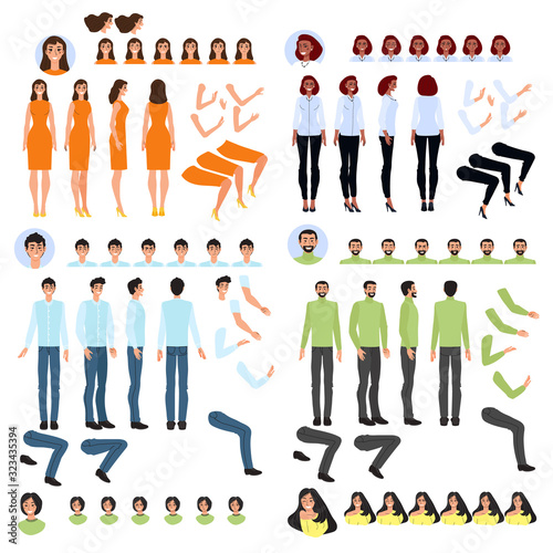 Person generator, set of body parts to create cartoon character, vector illustration. Isolated elements of man and woman in different poses, interchangeable arms, legs and faces. People generator set