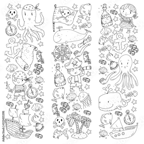 Pirates and mermaids. Vector pattern for little children. Birthday party in sea and ocean style