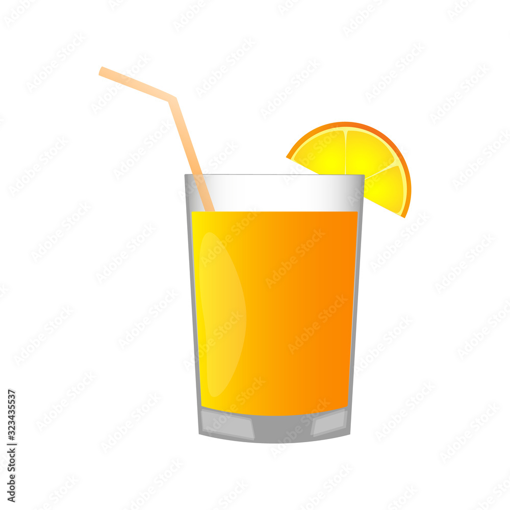 Tasty juice with a piece of orange in a glass cup on a light blue background Tasty juice with a piece of orange in a glass cup on a light blue background