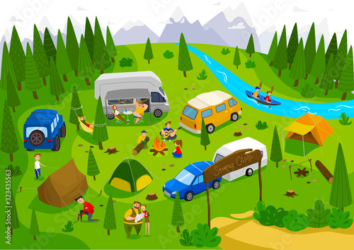 Summer camping outdoor in nature, people on vacation, vector illustration. Campground near forest, river and mountains. Family vacation in summer camp with tents, active leisure and relaxing in nature
