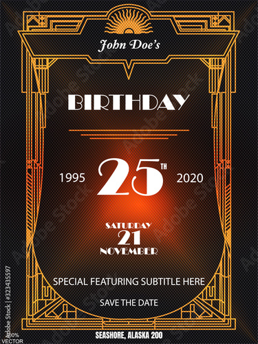 25 years vintage luxury art deco party invitation design template with gold geometric ornament on a red and black background. Vintage invitation template design for drink list, bar menu, your event.