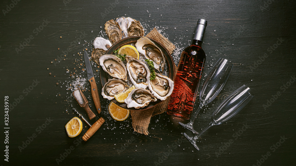 Fresh oysters with lemon ice and white wine. Fresh oysters with lemon ice and white wine.