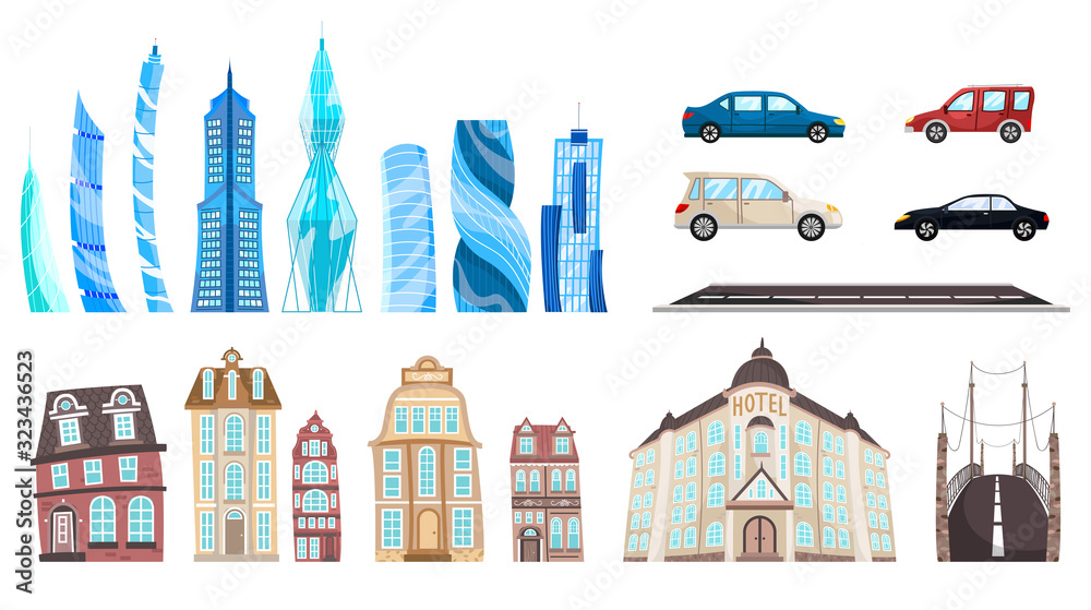 Modern and old city buildings set, town architecture vector Illustration. Collection of isolated houses and cars, urban cityscape. Residential buildings in downtown, skyscraper towers of metropolis Modern and old city buildings set, town architecture vector Illustration. Collection of isolated houses and cars, urban cityscape. Residential buildings in downtown, skyscraper towers of metropolis