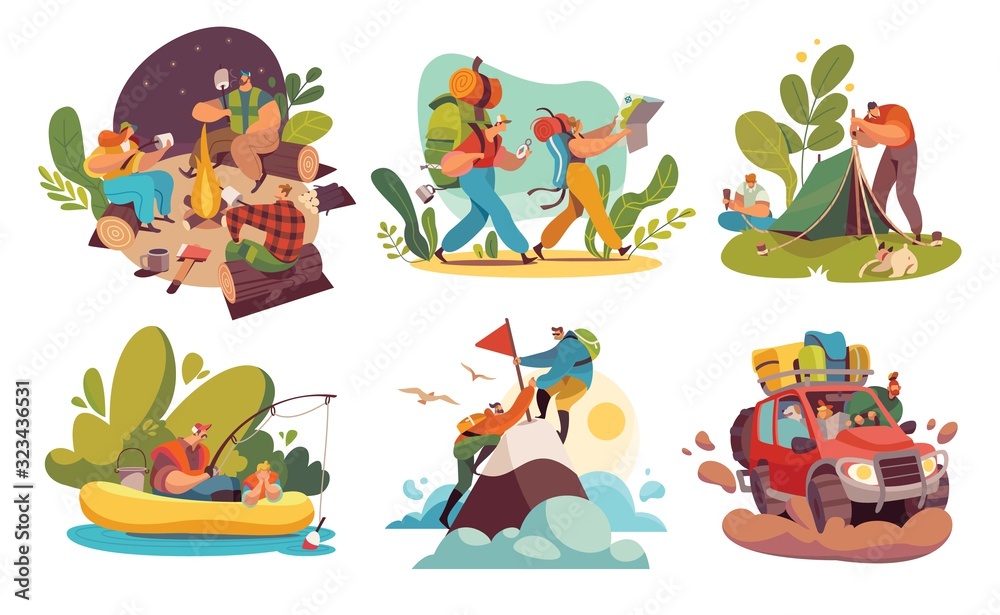 Fototapeta premium Camping tourist hiking people, adventures in nature vector illustration. Active cartoon characters outdoors, friends and family travel. Healthy lifestyle, backpacking trip, camp in nature, set tourist