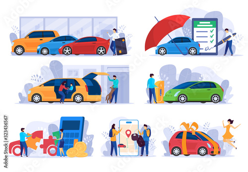 Buying new car, insurance and money saving concept, vector Illustration. People cartoon characters using cars automobile owner, modern vehicle service. Auto salon credit, insurance company website app