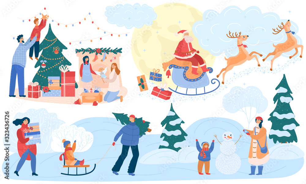 Happy family celebrating Christmas winter, cartoon characters vector illustration. Parents and children sledding outdoors, building snowman and decorating Christmas tree together. Santa brings