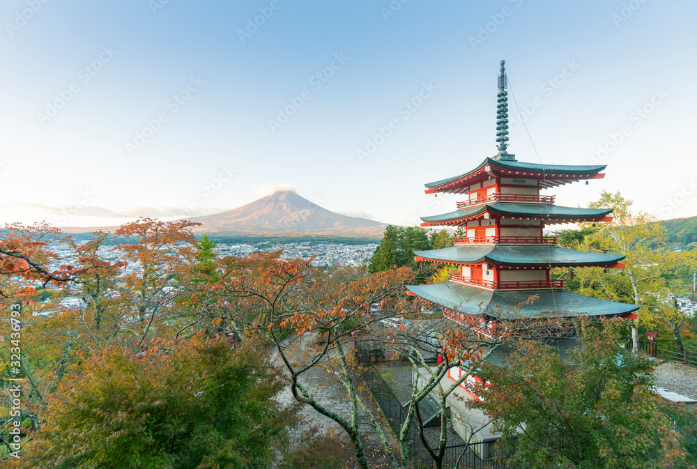 Mt.Fuji and Chureito pagoda in autumn red color