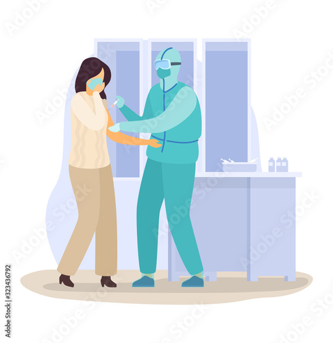 Doctor vaccination injection vector illustration. Coronavirus 2019-ncov epidemic china wuhan people citizen vaccination city epidemic disease. Outbreak epidemic flu people in mask medical quarantine.