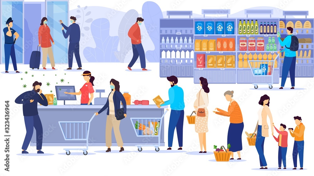 Fototapeta premium Coronavirus 2019-ncov epidemic china wuhan city epidemic disease vector illustration. Outbreak virus epidemic flu people in mask in city shop market moll. Panic on street. Airport door police.