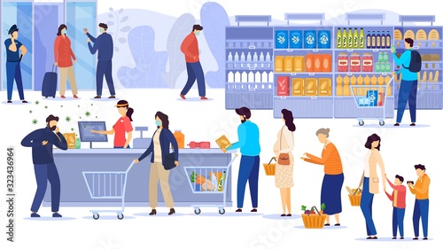 Coronavirus 2019-ncov epidemic china wuhan city epidemic disease vector illustration. Outbreak virus epidemic flu people in mask in city shop market moll. Panic on street. Airport door police.