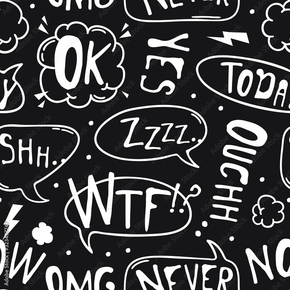 Fototapeta premium Hand drawn seamless pattern with speech bubbles for text. Vector pop art background and words. Doodle element for dialog or comic