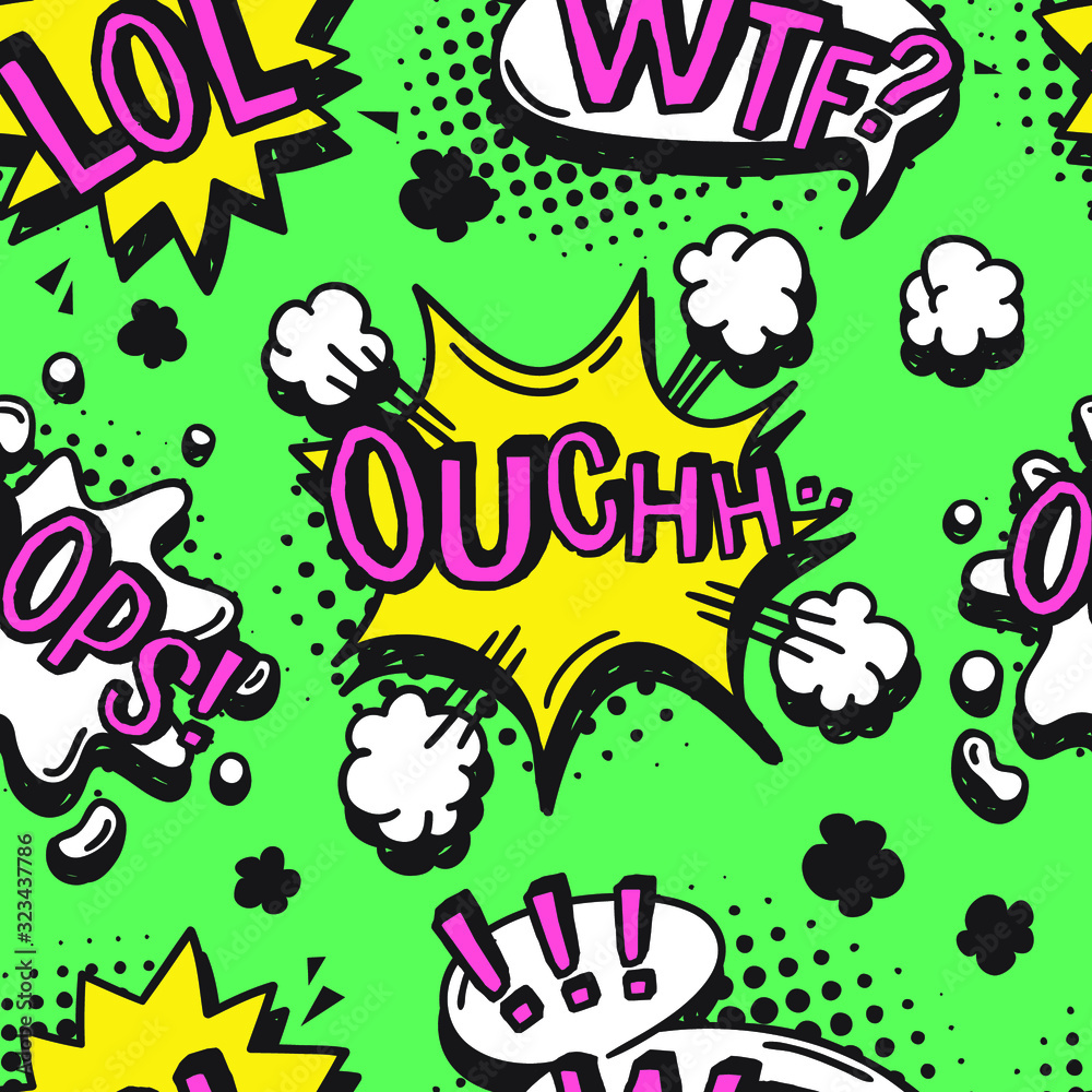 Hand drawn seamless pattern with speech bubbles for text. Vector pop art background and words. Doodle element for dialog or comic