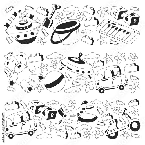 Vector set with toys icons. Pattern for kindergarten, little children. Kids playing.