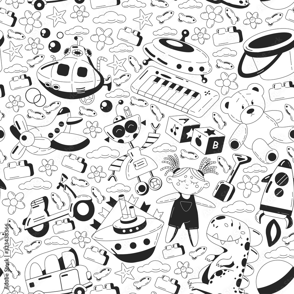 Obraz premium Vector set with toys icons. Pattern for kindergarten, little children. Kids playing.