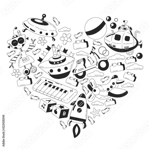 Vector set with toys icons. Pattern for kindergarten, little children. Kids playing.
