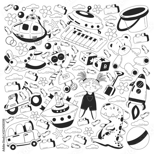 Vector set with toys icons. Pattern for kindergarten, little children. Kids playing.