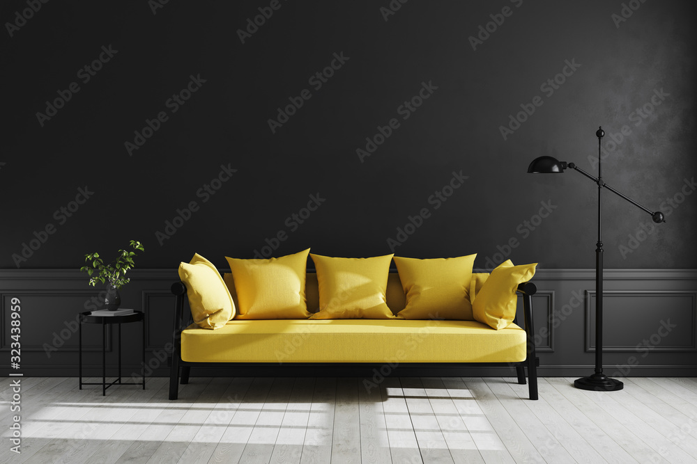 Luxury dark living room interior background, black empty wall mock up, living room mock up, modern living room with yellow sofa and black lamp and table, scandinavian style, 3d rendering - obrazy, fototapety, plakaty 