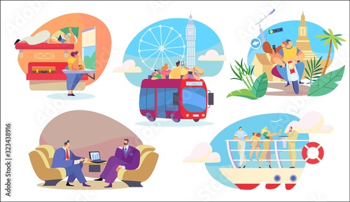 People travel in different transport, sightseeing and business trip, vector illustration. Cartoon characters traveling around the world by train, bus, bike and cruise ship. Travelers in transport