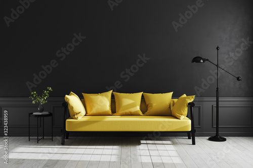 Luxury dark living room interior background, black empty wall mock up, living room mock up, modern living room with yellow sofa and black lamp and table, scandinavian style, 3d rendering