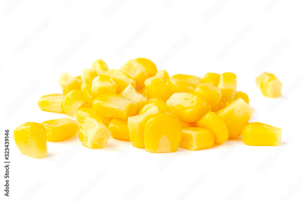 Canned corn isolated on a white background close-up. Side view. Yellow raw corn grains. Canned sweet corn on a white background. Ripe corn grains on a white background. Layout for advertising, labels.