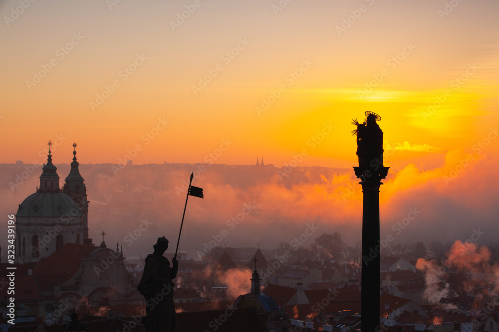 The Church of St.Nicholas in the mist. Prague, Czech Republic