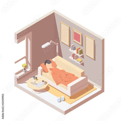 Sick woman lying under blanket on sofa. Vector isometric disease image isolated on white.