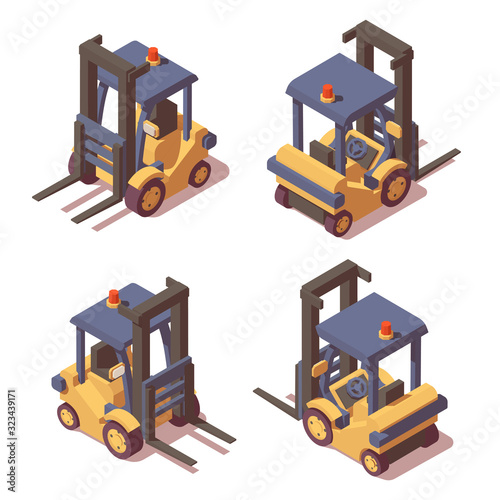 Vector isometric forklift truck set. Four side views loader truck with different shadows. Infographics icons. Isolated on white background.