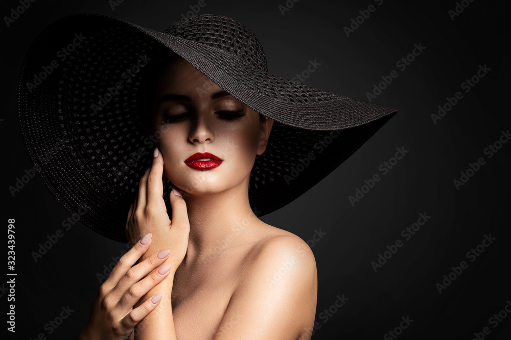 Woman lips and Black Hat, Fashion Model Beauty Portrait, Elegant Lady in Wide Broad Brim Hat Woman lips and Black Hat, Fashion Model Beauty Portrait, Elegant Lady in Wide Broad Brim Hat