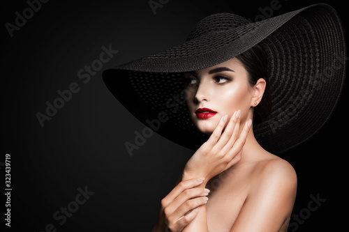 Woman in Broad Brim Hat, Fashion Model Beauty Portrait, Elegant Lady in Wide Brimmed Hat photo