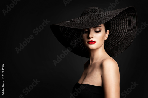 Fashion Model Black Hat, Elegant Woman Beauty Retro Portrait, Wide Broad Brim Hat