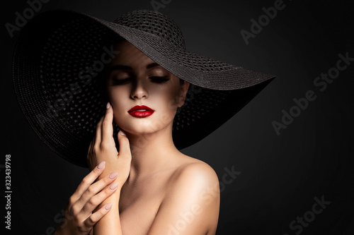 Woman lips and Black Hat, Fashion Model Beauty Portrait, Elegant Lady in Wide Broad Brim Hat