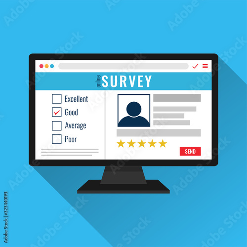 Website of online survey form on monitor screen concept. questionnaire audience to create as Web forms with database to store the answers. vector illustration