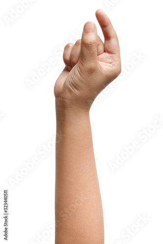 Boy Asian hand gestures isolated over the white background. Small thing grab.