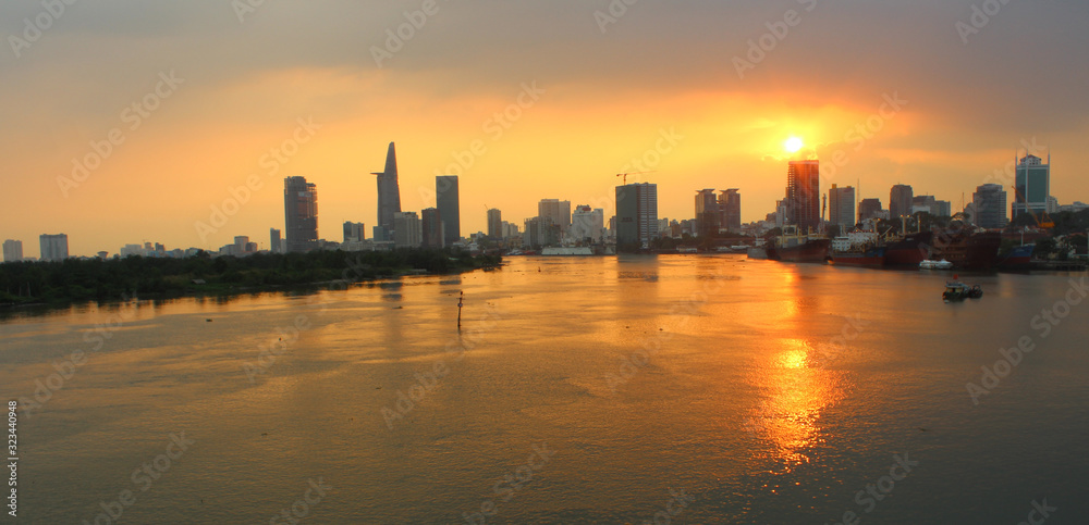 Sunset at the Thu Thiem Bridge, Ho Chi Minh City, Vietnam