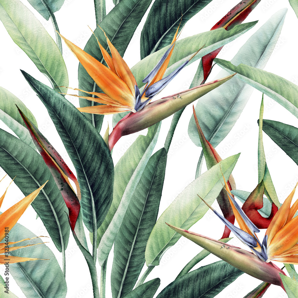 Seamless floral pattern with tropical leaves and strelitzia on light background. Template design for textiles, interior, clothes, wallpaper. Watercolor illustration - obrazy, fototapety, plakaty 
