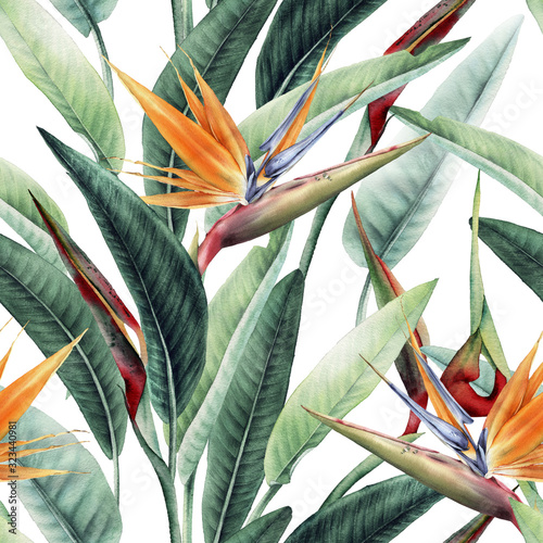 Seamless floral pattern with tropical leaves and strelitzia on light background. Template design for textiles, interior, clothes, wallpaper. Watercolor illustration photo