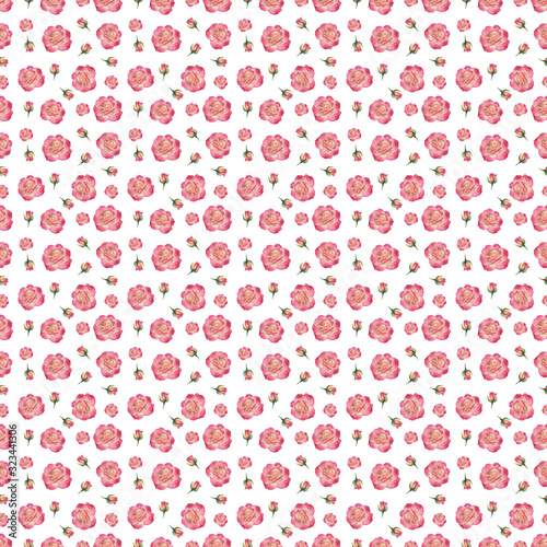Pattern with watercolor roses. Seamless watercolor pattern with yellow-red roses and small rosebuds on a white background. Illustration of flowers for printing, textile, greeting cards.