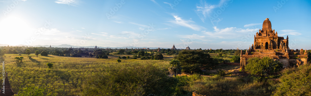 Panorama of the pagoda landscape during sunset in the plain of Bagan, Myanmar (Burma)