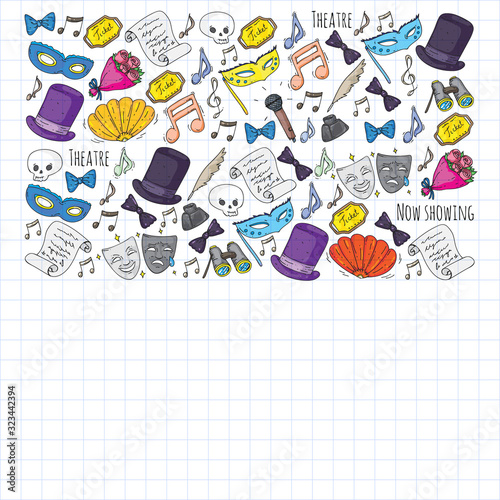Theatre vector illustration. Entertaiment, cinema, stage, event. Background for banners, posters.