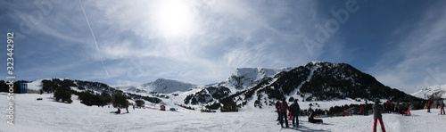 panorama of ski resort in Andorra above the valley of el tarter with snowpark in pyrenees