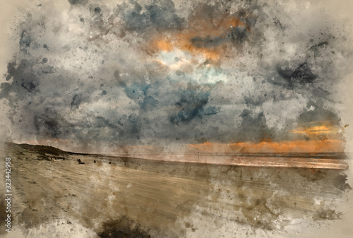 Digital watercolor painting of Stunning Winter sunrise over West Wittering beach in Sussex England