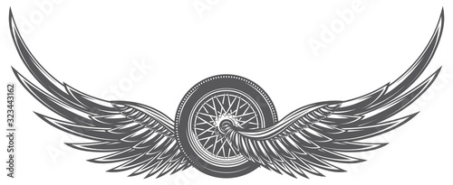 Vector monochrome illustration with wings and wheel