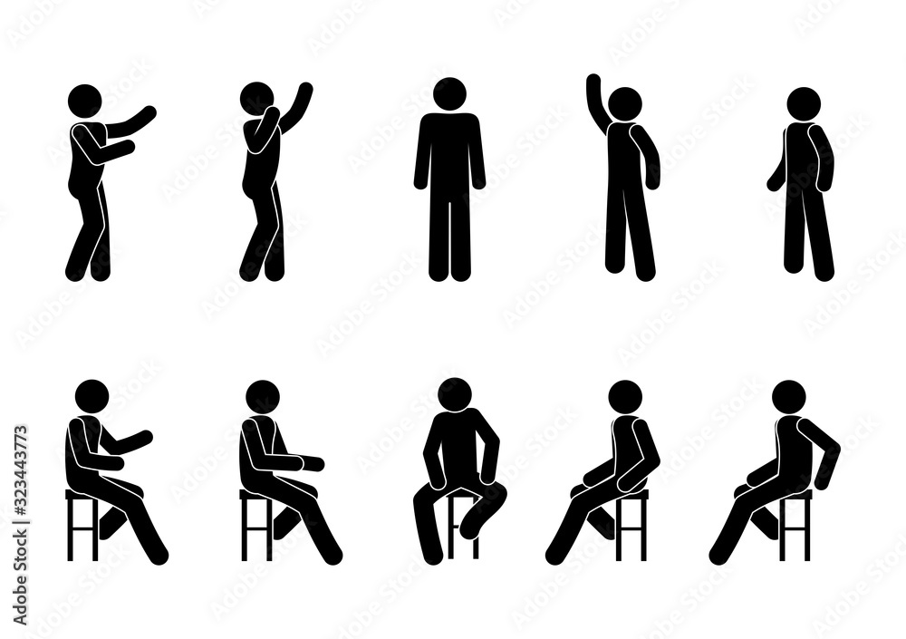 pictogram people sit and stand, man icon, human silhouette in various