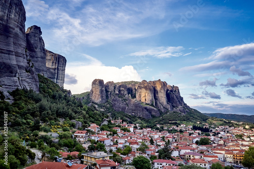 Legendary aerial drone view of ancient monasteries and breathtaking picturesque valley and landmark canyon of Meteora, Greece, Unesco