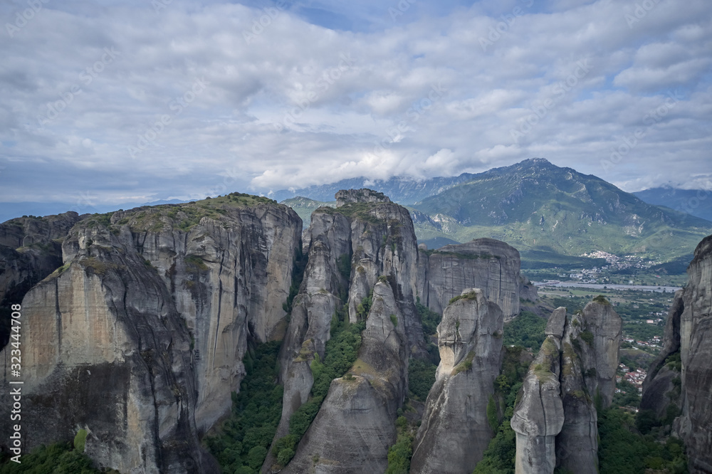 Legendary aerial drone view of ancient monasteries and breathtaking picturesque valley and landmark canyon of Meteora, Greece, Unesco Legendary aerial drone view of ancient monasteries and breathtaking picturesque valley and landmark canyon of Meteora, Greece, Unesco