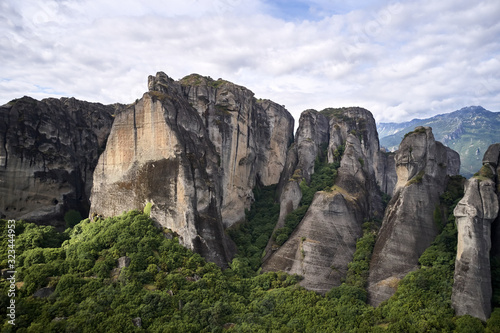 Legendary aerial drone view of ancient monasteries and breathtaking picturesque valley and landmark canyon of Meteora, Greece, Unesco © Mindaugas